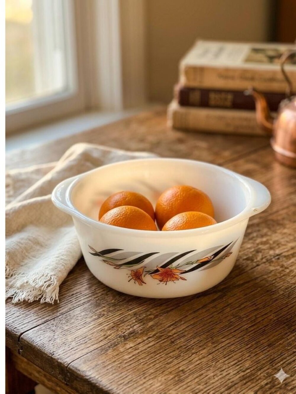 Indopal 16.5cm Opal Glass Bowl Vintage 1970s Orange Floral Scalloped Serving Dis